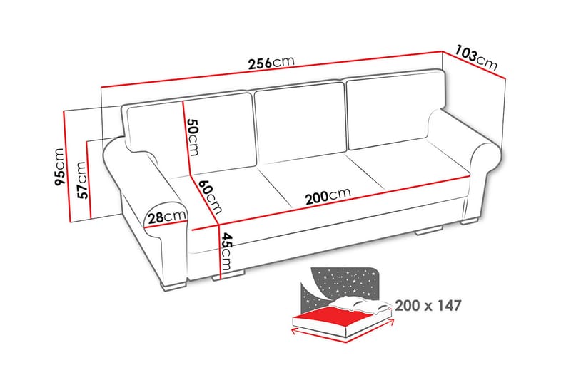Bukett Vuodesohva 256x103x95 cm - Huonekalut - Sohva - Vuodesohva - 3 istuttava vuodesohva