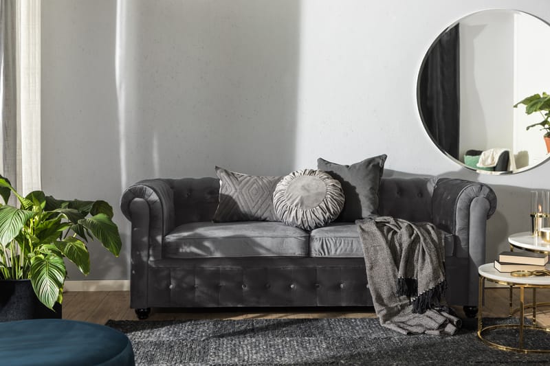 Chesterfield Deluxe 3-istuttava Etupyöreä vuodesohva sametissa - Tummanharmaa Sametti - Huonekalut - Sohva - Vuodesohva - 3 istuttava vuodesohva