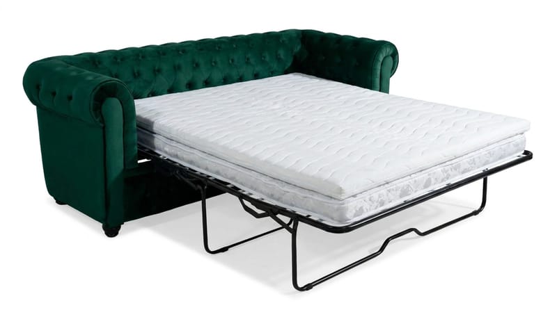 Chesterfield Lyx 3-istuttava eteen avattava vuodesohva HVILA-sijauspatjalla 140x200 cm, polyesterivaahto ja pestävä päällinen - Vihreä - Huonekalut - Sohva - Vuodesohva - 3 istuttava vuodesohva