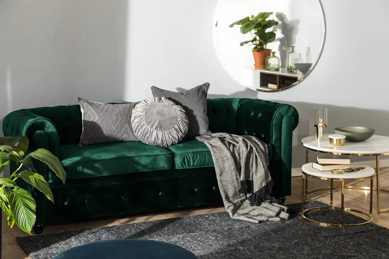 Chesterfield Lyx 3-istuttava eteenpäin avattava vuodesohva sametista - Tummanvihreä - Huonekalut - Sohva - Vuodesohva - 3 istuttava vuodesohva