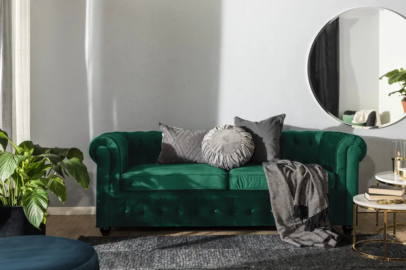 Chesterfield Lyx 3-istuttava eteenpäin avattava vuodesohva sametista - Vihreä - Huonekalut - Sohva - Vuodesohva - 3 istuttava vuodesohva