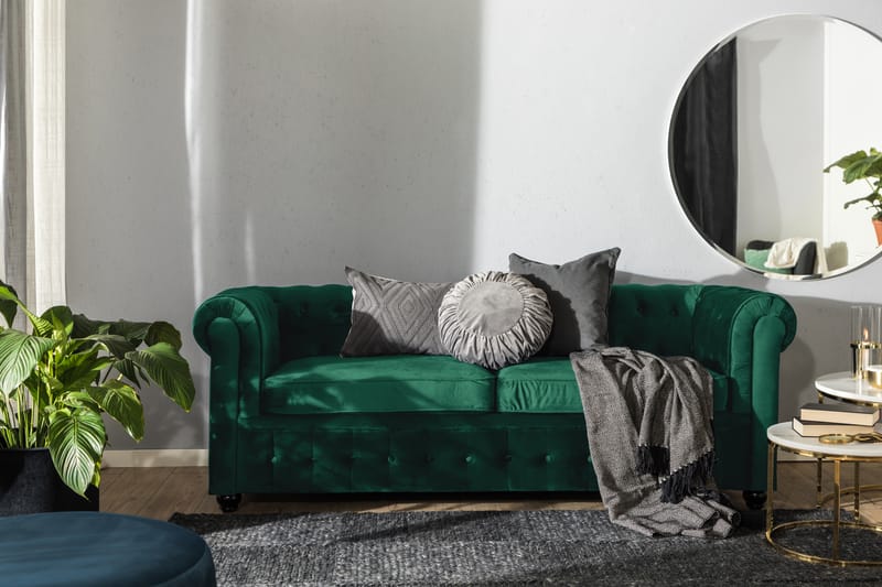 Chesterfield Lyx 3-istuttava Etupyöreä vuodesohva sametissa - Tummanvihreä - Huonekalut - Sohva - Vuodesohva - 3 istuttava vuodesohva