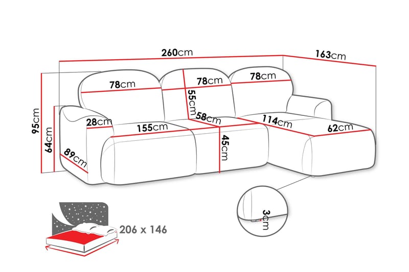 Corfu Vuodesohva 3-Istuttavalla Divaanilla - Harmaa - Huonekalut - Sohva - Vuodesohva