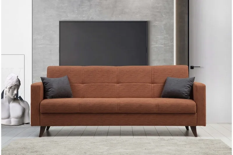 Darcia 3-istuttava vuodesohva 55x183 cm säilytystilalla, pellavaa - Terrakotta - Huonekalut - Sohva - Vuodesohva - 3 istuttava vuodesohva