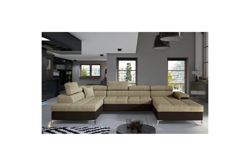 Divaani Eltap Eduardo 337x205x88 cm - Berlin 03, Pehmeä 66, Beige, Tummanruskea, Vasen - Huonekalut - Sohva - Vuodesohva