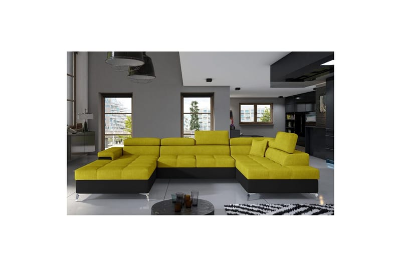 Divaani Eltap Eduardo 337x205x88 cm - Omega 68, Soft 11, Keltainen, Musta, Oikea - Huonekalut - Sohva - Vuodesohva