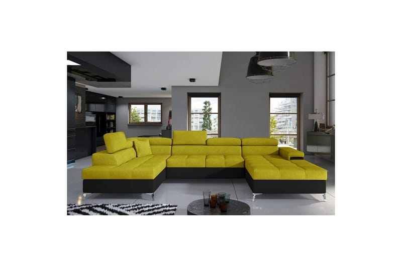 Divaani Eltap Eduardo 337x205x88 cm - Omega 68, Soft 11, Keltainen, Musta, Vasen - Huonekalut - Sohva - Vuodesohva