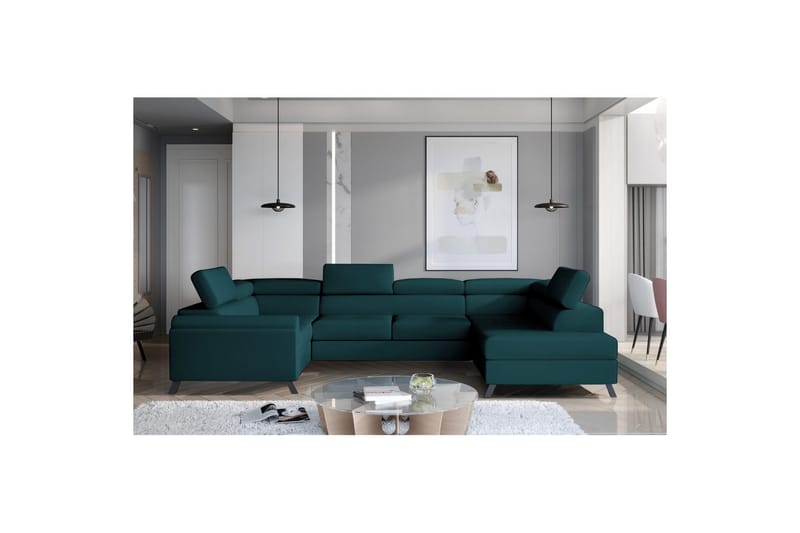 Divaani Eltap Escada 336x200x92 cm, Mat Velvet 75, Vihreä, Oikea