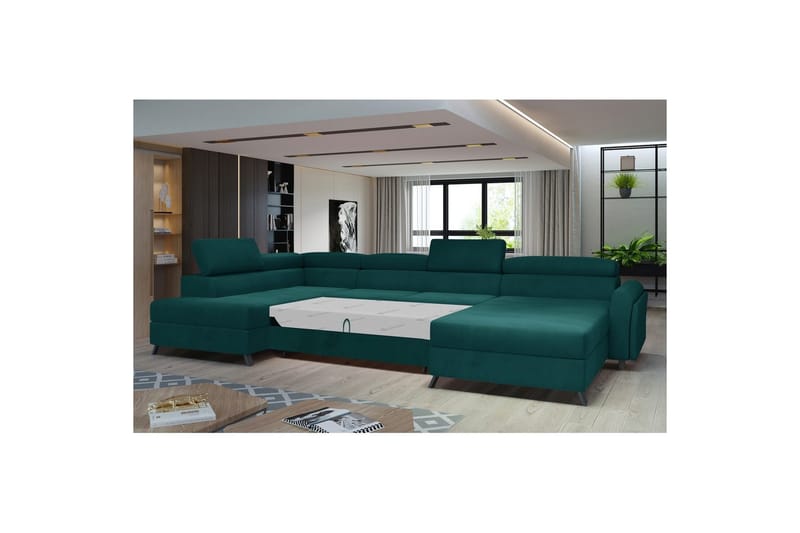 Divaani Eltap Josette 360x200x92 cm - Mat Velvet 75, Vihreä, Vasen - Huonekalut - Sohva - Vuodesohva