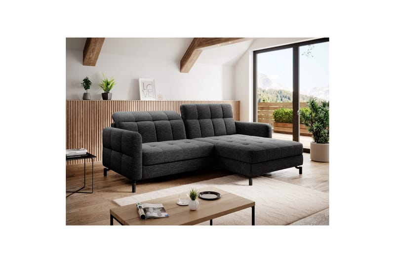 Divaani Eltap Lorelle 225x160x105 cm - Berlin 02, Musta, Oikea - Huonekalut - Sohva - Vuodesohva