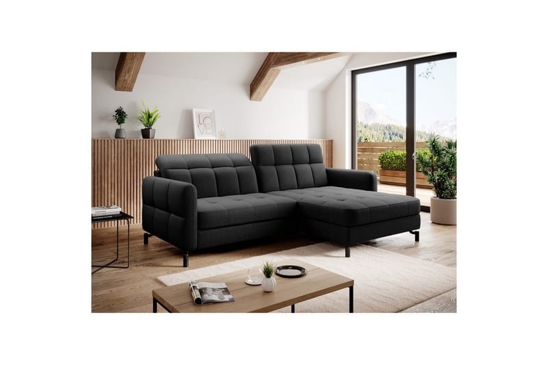 Divaani Eltap Lorelle 225x160x105 cm - Sawana 14, musta, Oikea - Huonekalut - Sohva - Vuodesohva