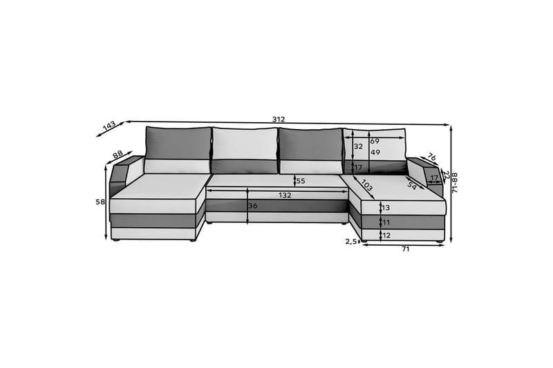 Divaani Eltap Marion 312x143x88 cm - Alova 36, Alova 04, Harmaa, Musta - Huonekalut - Sohva - Vuodesohva