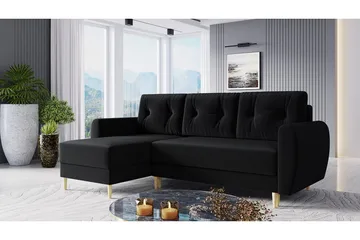 Bornalle 3-istuttava l-muotoinen vuodesohva 130x200 cm säilytystilalla plyysiä - Musta - Huonekalut - Sohva - Vuodesohva - Divaanivuodesohva