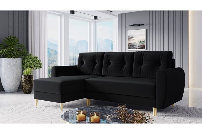 Bornalle 3-istuttava l-muotoinen vuodesohva 130x200 cm säilytystilalla plyysiä - Musta - Huonekalut - Sohva - Vuodesohva - Divaanivuodesohva