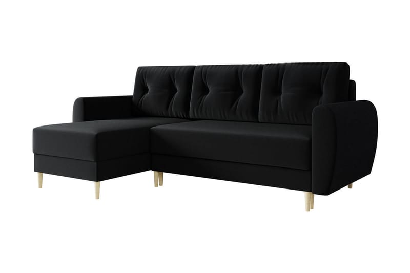 Bornalle 3-istuttava l-muotoinen vuodesohva 130x200 cm säilytystilalla plyysiä, Musta