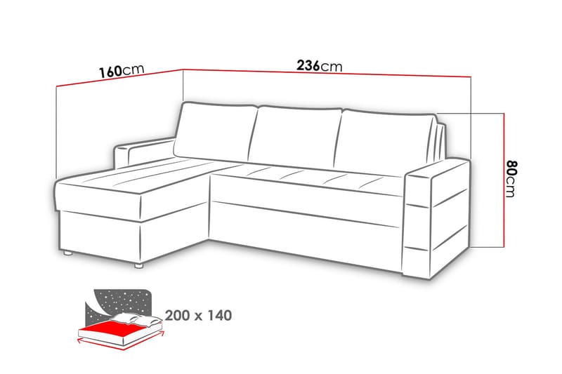 Gordia Divaanivuodesohva 234x82x156 cm - Huonekalut - Sohva - Vuodesohva - Divaanivuodesohva