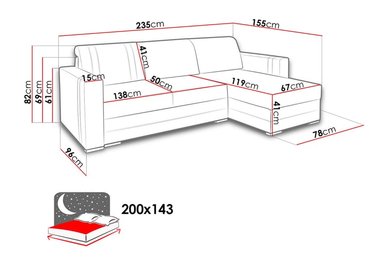 Divaanivuodesohva Trendy 235x155x82 cm - Harmaa - Huonekalut - Sohva - Vuodesohva