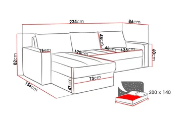 Domino Divaanivuodesohva 234x156x82 cm - Huonekalut - Sohva - Vuodesohva