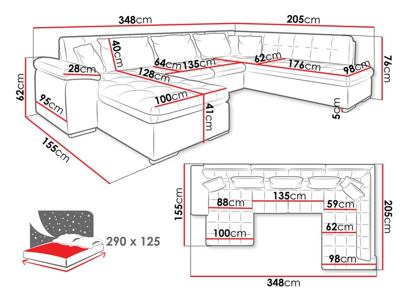 Dynir 6-istuttava oikeakätinen u-muotoinen vuodesohva 125x290 cm säilytystilalla kangasta - Beige - Huonekalut - Sohva - Vuodesohva