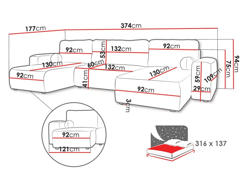 Elvior 5-istuttava U-muotoinen vuodesohva kaksidivaanilla - harmaa - Huonekalut - Sohva - Vuodesohva