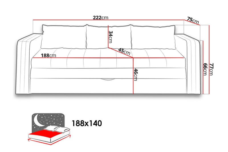 Euforia Sohva 222x75x71 cm - Huonekalut - Sohva - Vuodesohva - 3 istuttava vuodesohva