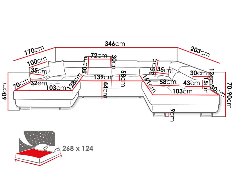 Gabina 5-istuttava U-muotoinen vuodesohva divaanilla ja šezlongilla - musta - Huonekalut - Sohva - Vuodesohva