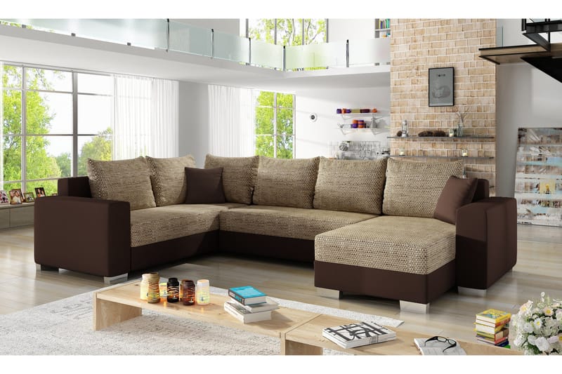 Gallicanta 4-istuttava oikea u-muotoinen kulmavuodesohva kangasta ja nahkaa, Beige|Ruskea