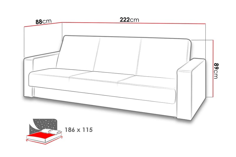 Gordia Vuodesohva 222x88x89 cm - Huonekalut - Sohva - Vuodesohva - 3 istuttava vuodesohva