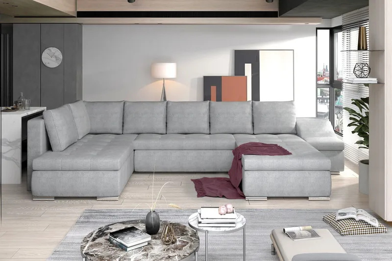 Govana 5-istuttava oikeanpuoleinen u-mallinen vuodesohva 120x295 cm säilytystilalla kankaalla, Harmaa