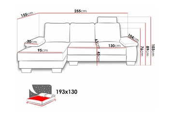 Graystone 3-istuttava vasen kulmavuodesohva 130x193 cm säilytyksellä kankaana - Harmaa - Huonekalut - Sohva - Vuodesohva