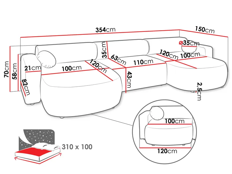 Hanish Vuodesohva kaksoisdivaanilla 5istuttava - Valkoinen - Huonekalut - Sohva - Vuodesohva