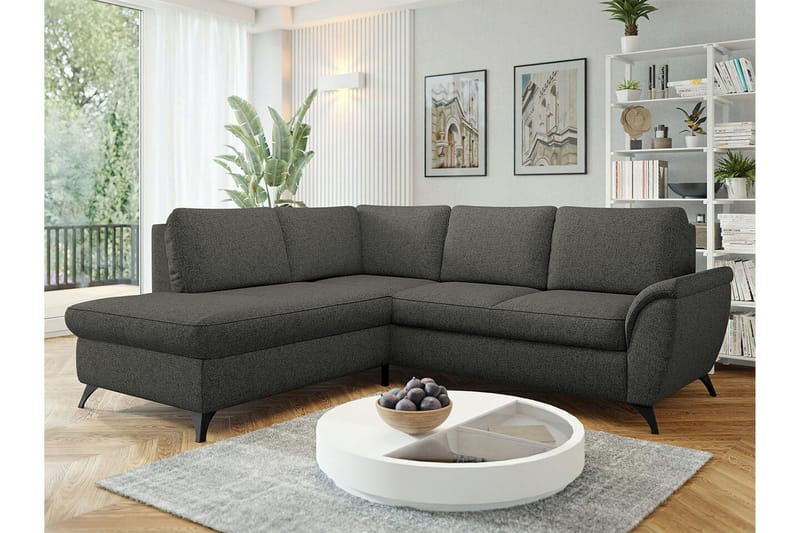 Hereford 3-istuttava vasen kulmasohvasänky 126x185 cm säilytystilalla kankaasta - Tummanharmaa - Huonekalut - Sohva - Vuodesohva