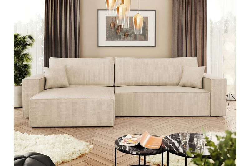 Hobson Vuodesohva Divaanilla 3-istuttava Plyysi - Beige - Huonekalut - Sohva - Vuodesohva