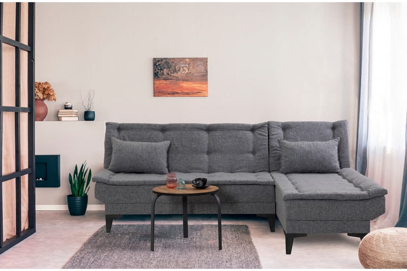 Hunterville oikea l-mallinen 4-paikkainen pitkittäin avattava vuodesohva 107x225 cm kankaasta - Harmaa - Huonekalut - Sohva - Vuodesohva