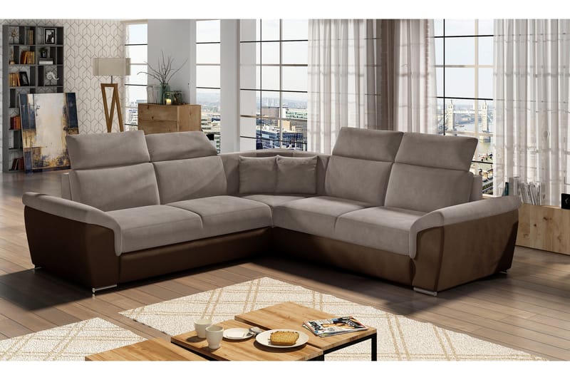 Isakke 4-istuttava kulmavuodesohva 120x200 cm kankaalla, Harmaanbeige keinonahkaisella pohjalla