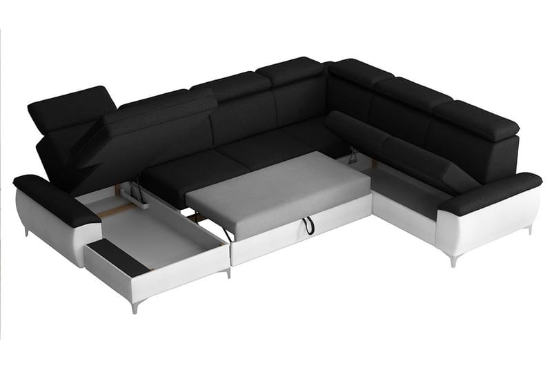Karkula oikea kulmavuodesohva vuodeksi avattava 128x275 cm säilytystilalla kangasta - Valkoinen|Musta - Huonekalut - Sohva - Vuodesohva