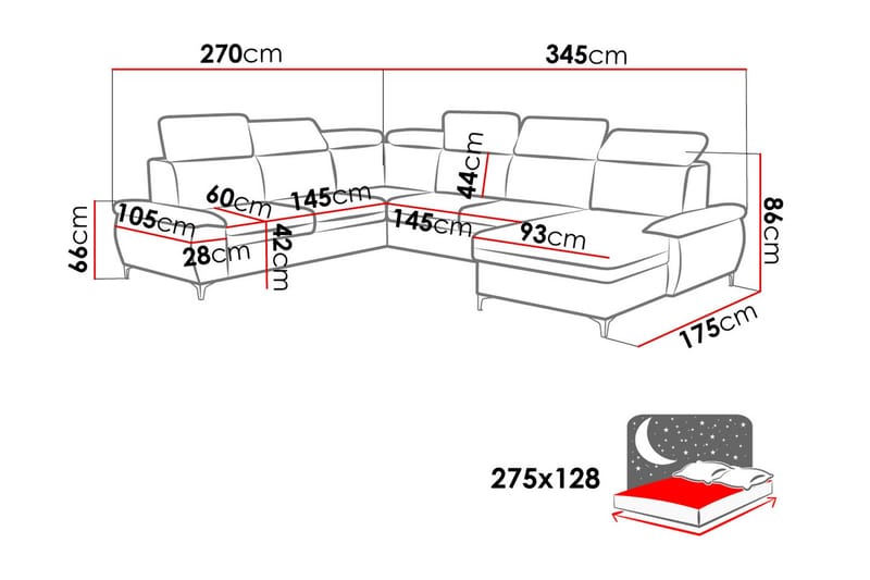 Karkula oikea kulmavuodesohva vuodeksi avattava 128x275 cm säilytystilalla kangasta - Valkoinen|Musta - Huonekalut - Sohva - Vuodesohva