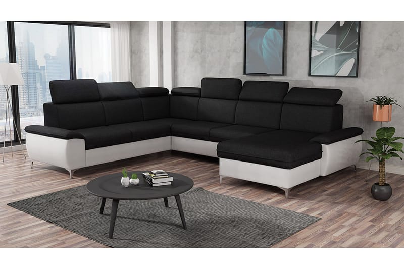 Karkula oikea kulmavuodesohva vuodeksi avattava 128x275 cm säilytystilalla kangasta - Valkoinen|Musta - Huonekalut - Sohva - Vuodesohva