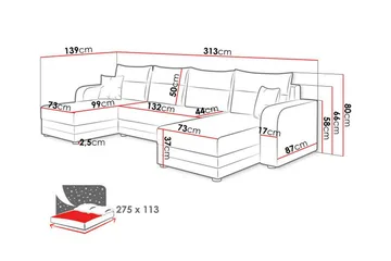 Kintore 4-istuttava u-mallinen kulmavuodesohva 113x275 cm säilytyksellä kangasta - Harmaa - Huonekalut - Sohva - Vuodesohva