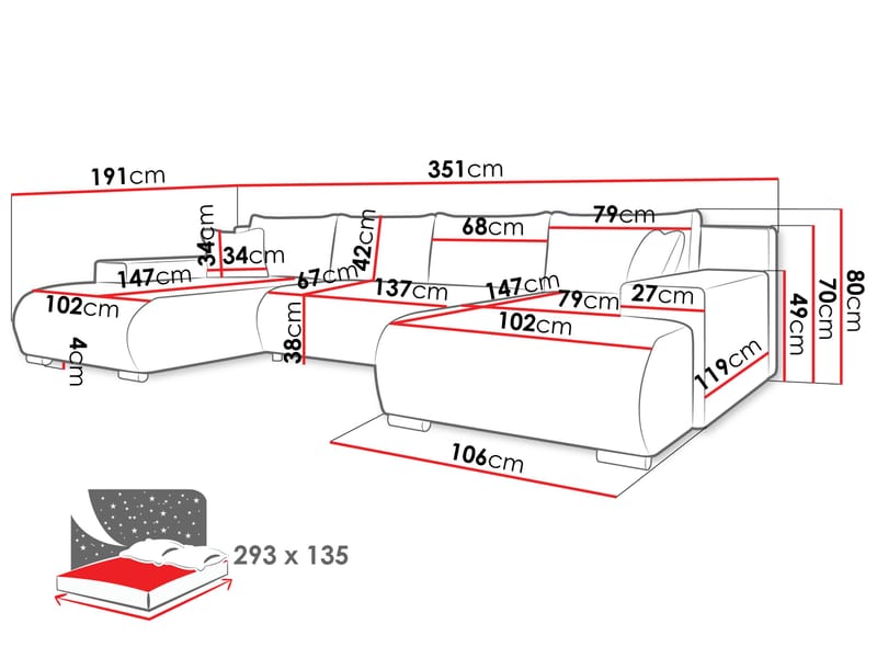 Krysen 4-istuttava vuodesohva kaksidivaanilla - harmaa - Huonekalut - Sohva - Vuodesohva