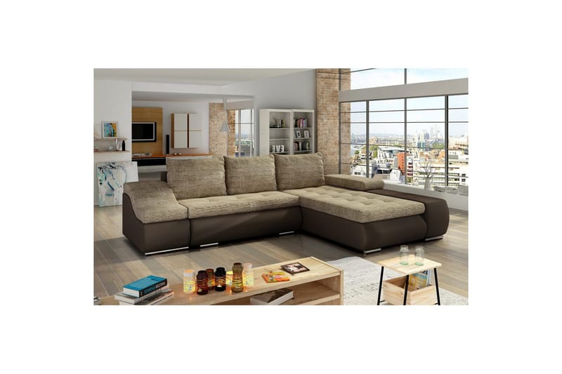 Kulmasohva Eltap Ontario 295x200x82 cm - Berlin 03, Soft 66, Beige, Tummanruskea, Oikea - Huonekalut - Sohva - Vuodesohva