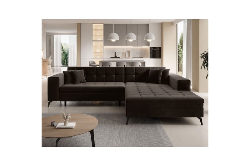 Kulmasohva Eltap Solange 292x196x84 cm - Mat Velvet 29, Tummanruskea, Oikea - Huonekalut - Sohva - Vuodesohva