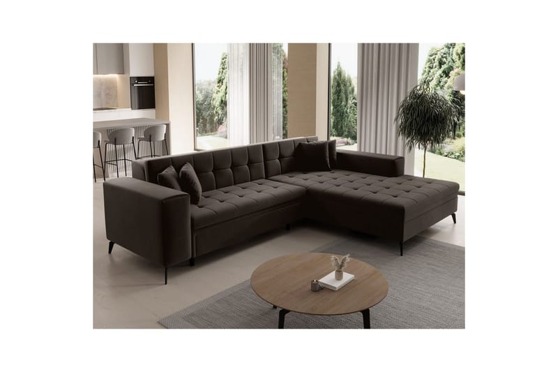 Kulmasohva Eltap Solange 292x196x84 cm - Mat Velvet 29, Tummanruskea, Oikea - Huonekalut - Sohva - Vuodesohva