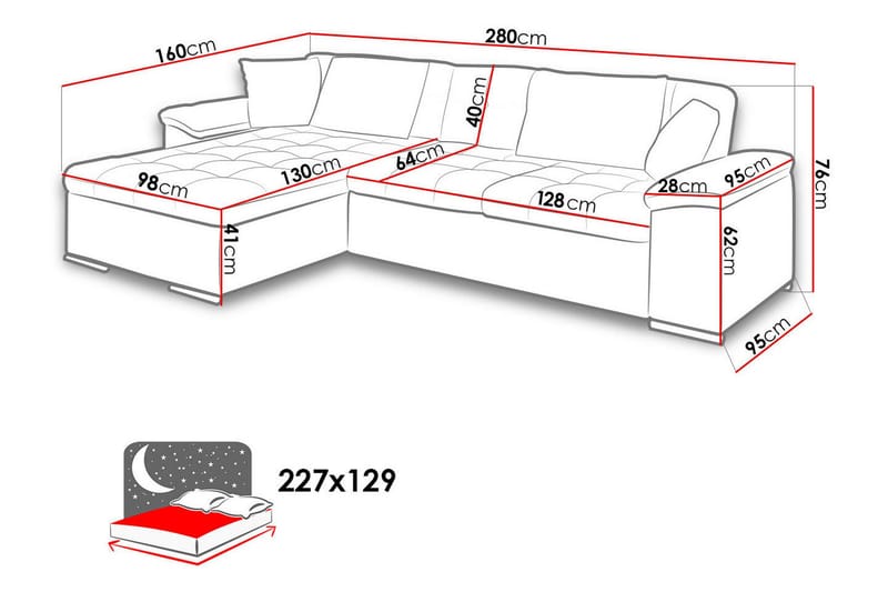 L-Vuodesohva 3 ist 280x160 cm Vasen - Huonekalut - Sohva - Vuodesohva