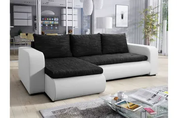 Lecanto 3-istuttava Universal kulmavuodesohva 130x204 cm säilytystilalla kankaalla - Musta - Huonekalut - Sohva - Vuodesohva