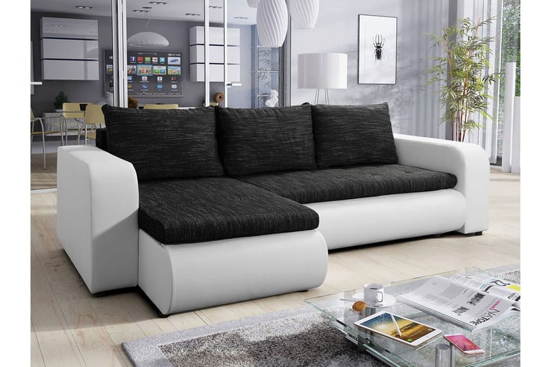 Lecanto 3-istuttava Universal kulmavuodesohva 130x204 cm säilytystilalla kankaalla - Musta - Huonekalut - Sohva - Vuodesohva