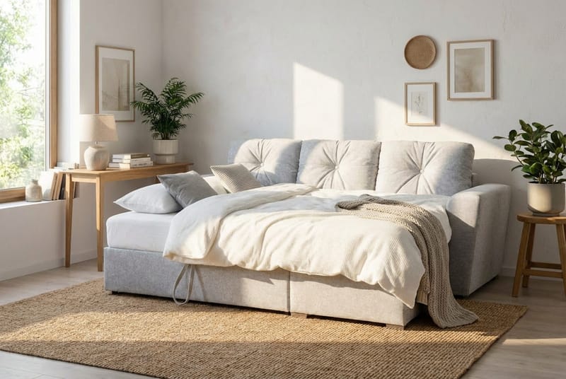 Leia 3-istuttava käännettävä Vuodesohva divaanilla ja säilytystilalla - Beige - Huonekalut - Sohva - Vuodesohva