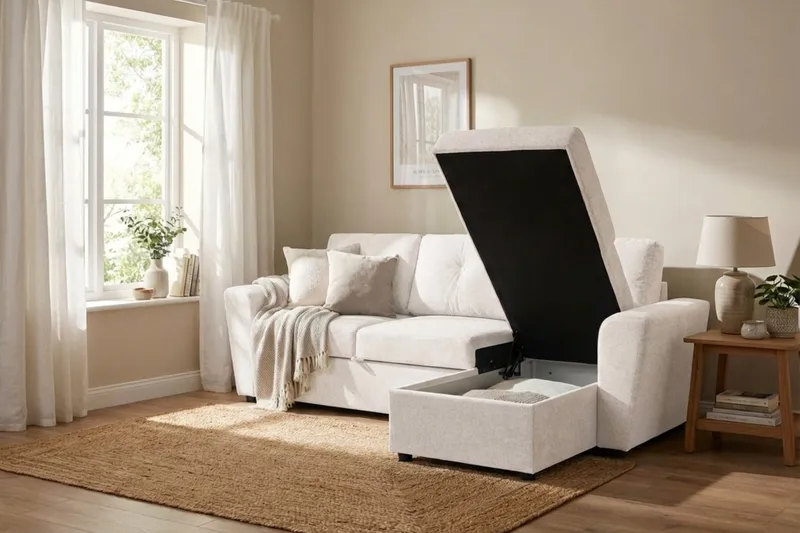 Leia 3-istuttava käännettävä vuodesohva divaanilla ja säilytystilalla - Beige - Huonekalut - Sohva - Vuodesohva