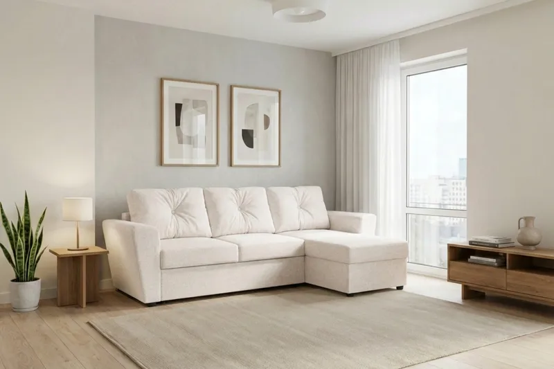 Leia 3-istuttava käännettävä vuodesohva divaanilla ja säilytystilalla - Beige - Huonekalut - Sohva - Vuodesohva