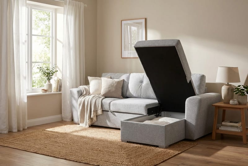 Leia 3-istuttava käännettävä Vuodesohva divaanilla ja säilytystilalla - Beige - Huonekalut - Sohva - Vuodesohva